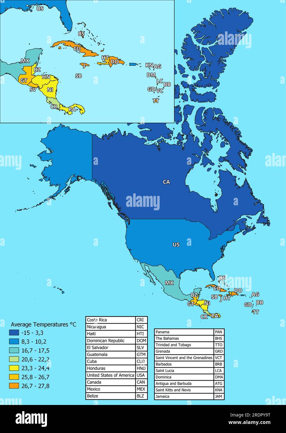 Mappa delle temperature medie annue del Nord America Foto Stock