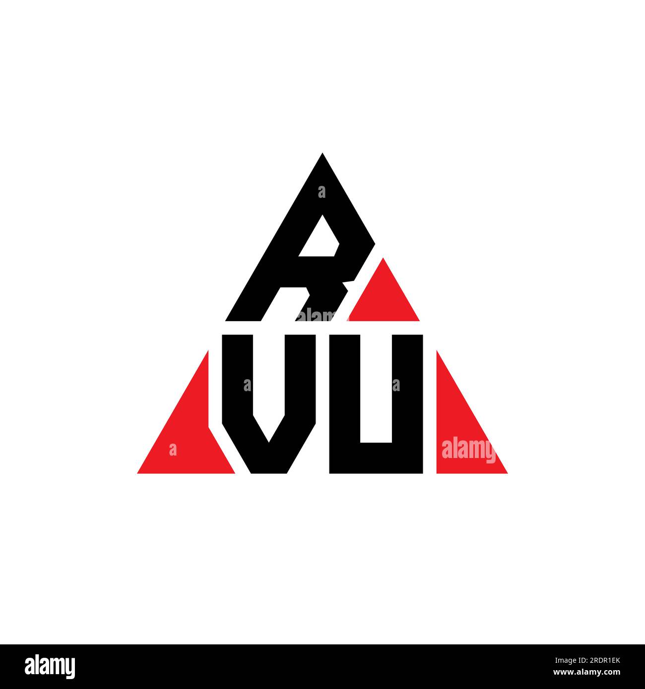 Logo RVU a lettere triangolari con forma triangolare. Monogramma di design con logo triangolare RVU. Modello di logo vettoriale triangolare RVU di colore rosso. RVU triangul Illustrazione Vettoriale