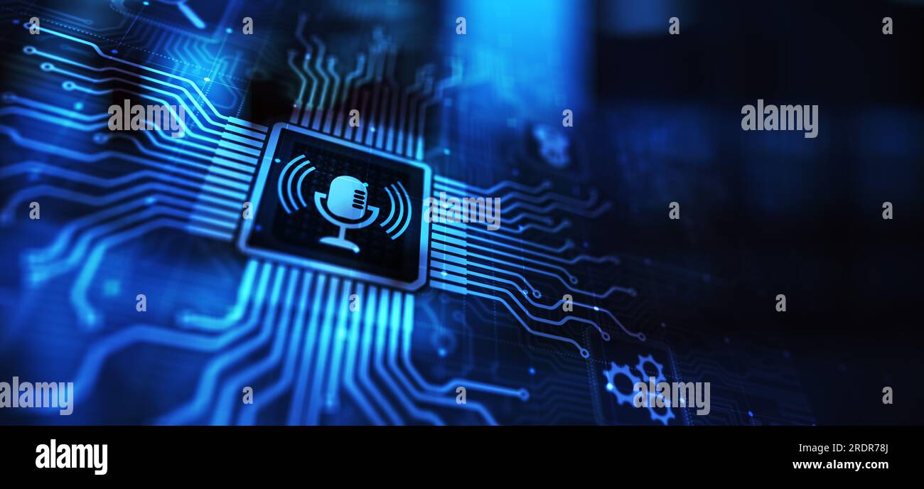 Simbolo del microfono di controllo e ricerca del riconoscimento vocale sullo schermo virtuale. Foto Stock