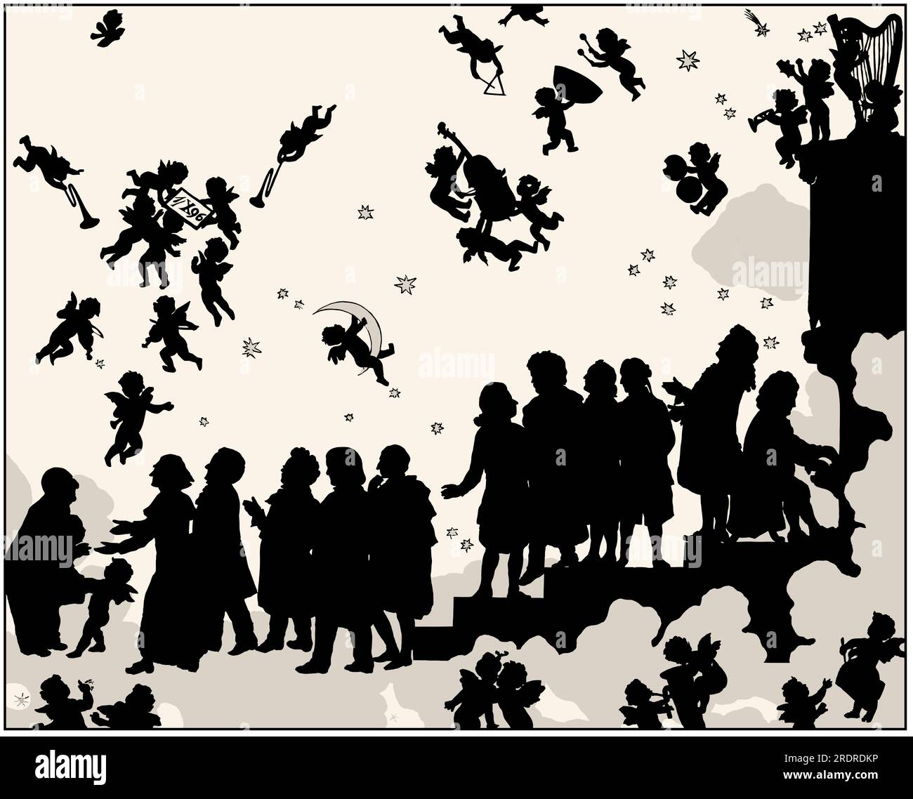 L'arrivo in paradiso di Anton Bruckner, stampa silhouette di otto Böhler, editata digitalmente Foto Stock