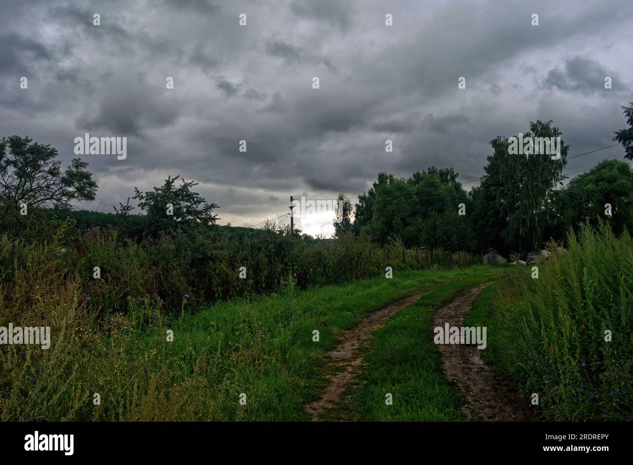 strada sterrata attraverso il villaggio, in estate Foto Stock