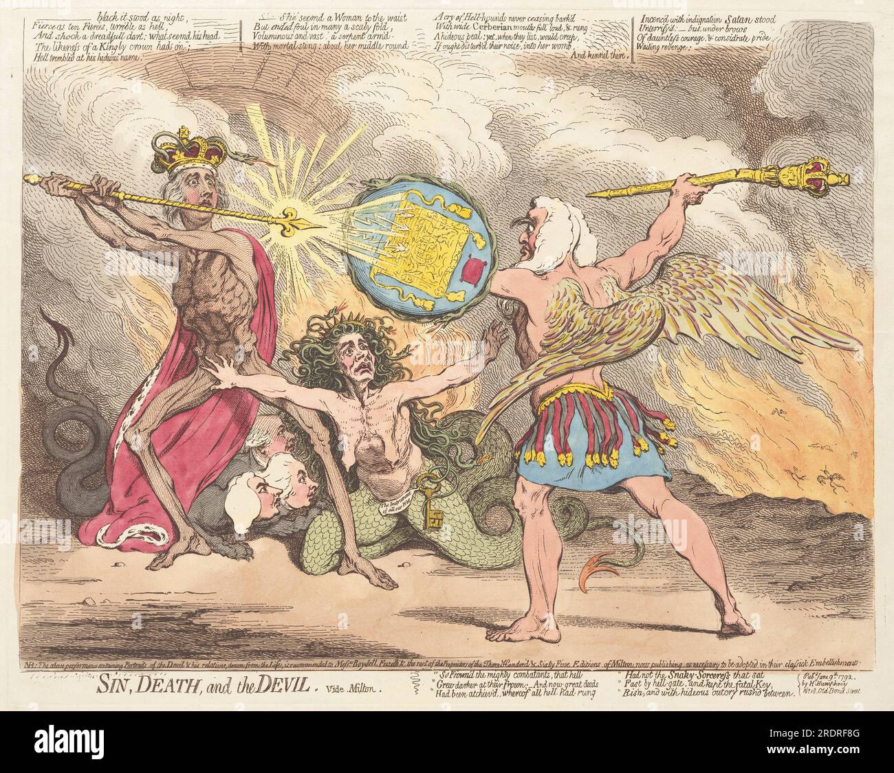 James Gillray, sin, morte, e il diavolo, vide Milton, 1792, acquerello colorato a mano con acquerello su carta stesa, piastra: 31,9 x 40 cm (12 9/16 x 15 3/4 pollici) Foglio: 34,8 x 43,6 cm (13 11/16 x 3/16 pollici), omaggio anonimo, 2017,173,1' Foto Stock