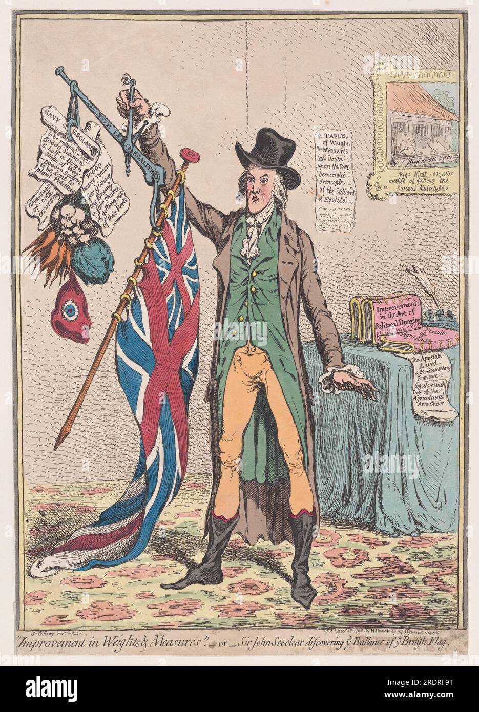 "Improvement in Weights and Measures"; oppure, Sir John Seeclear Discovering Ye Ballance of Ye British Flag 1 dicembre 1798 di James Gillray Foto Stock