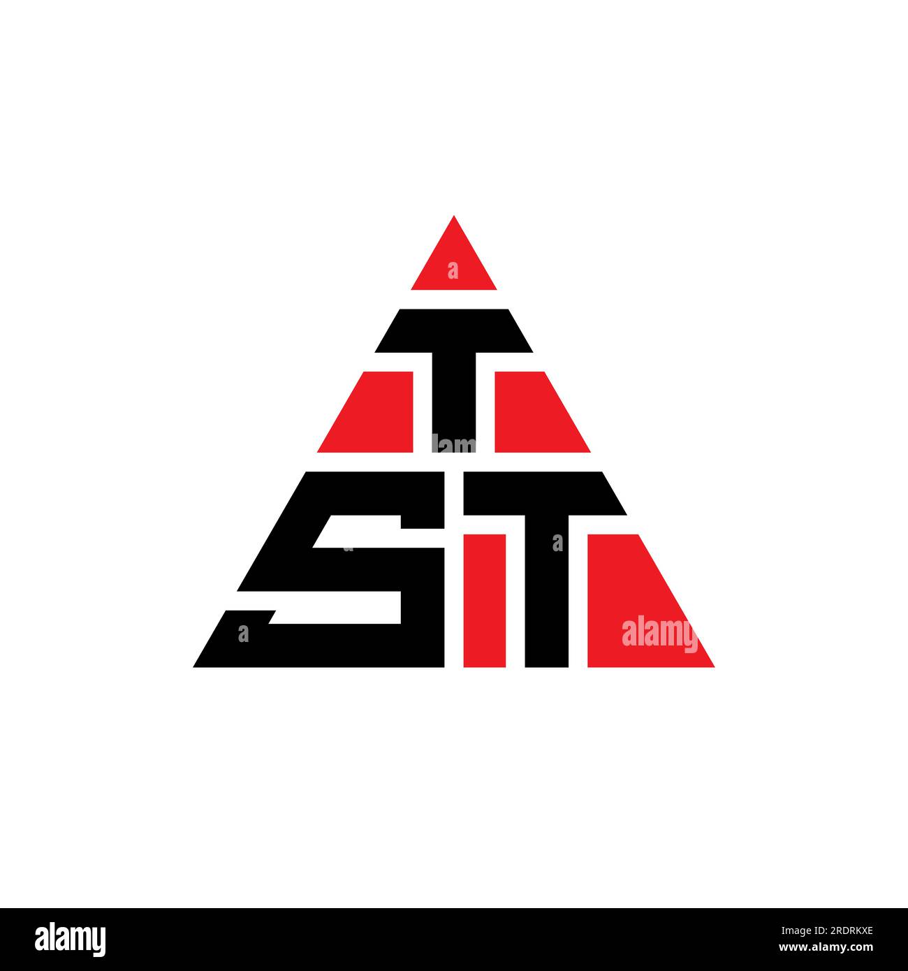 Logo TST a lettere triangolari con forma a triangolo. Monogramma con logo triangolare TST. Modello con logo vettoriale a triangolo TST di colore rosso. TST triangul Illustrazione Vettoriale