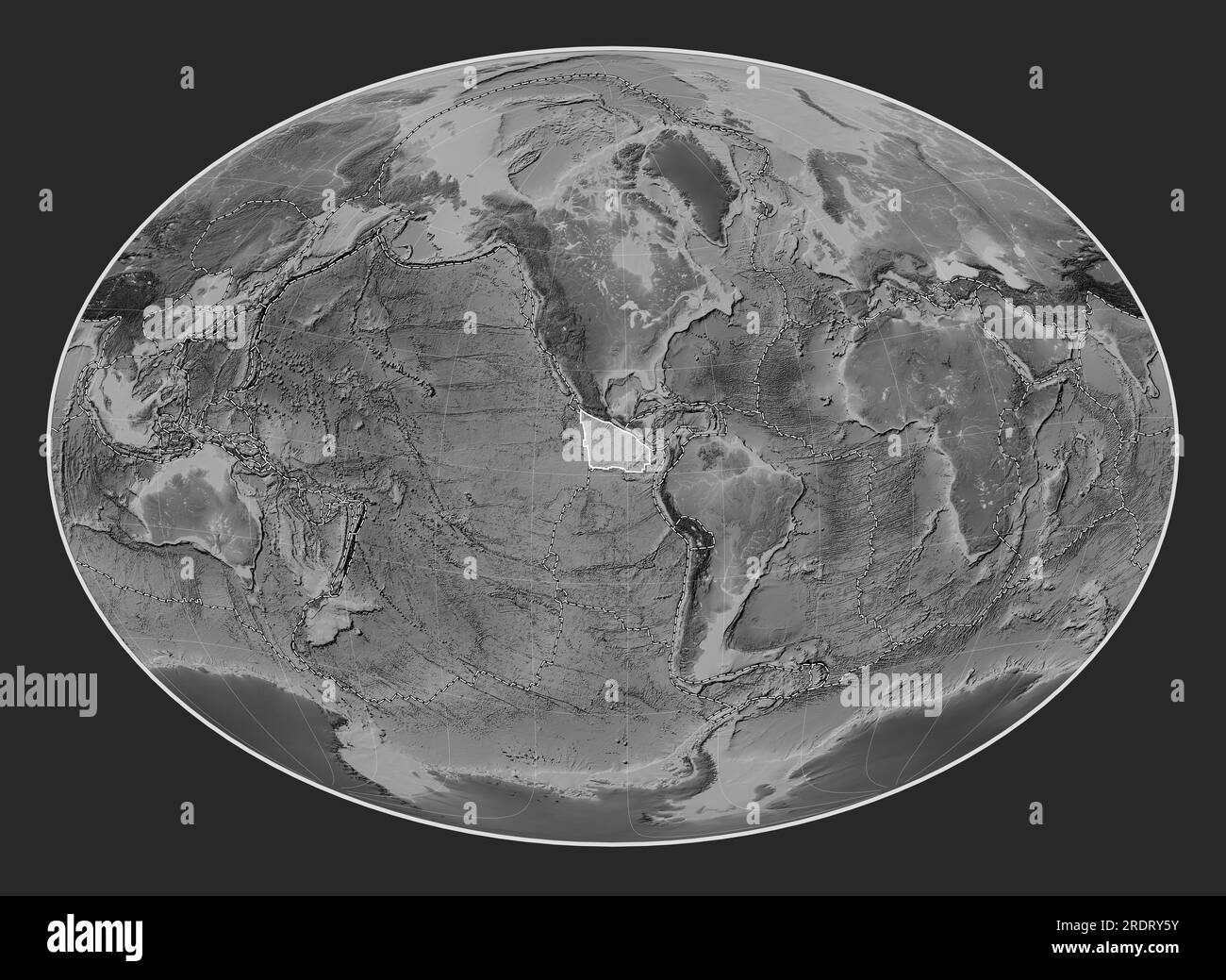 Placca tettonica Cocos sulla mappa di elevazione in scala di grigi nella proiezione Fahey Oblique centrata a sud e latitudinalmente. Confini dell'altra piastra Foto Stock