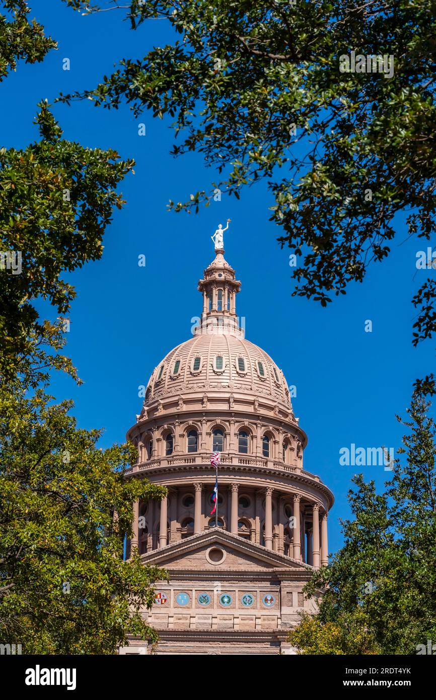 Il Texas State Capitol Building nella città di Austin, Texas e sede della contea di Travis. È l'undicesima città più popolosa degli Stati Uniti Foto Stock