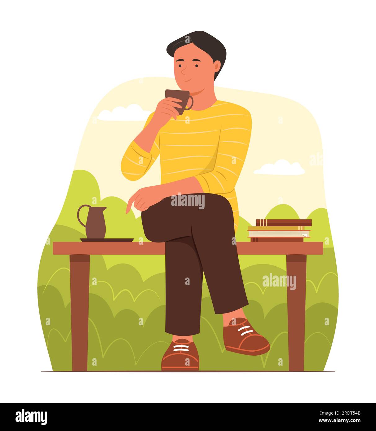 Uomo seduto sulla panchina e rilassante mentre beve in giardino Illustrazione Vettoriale