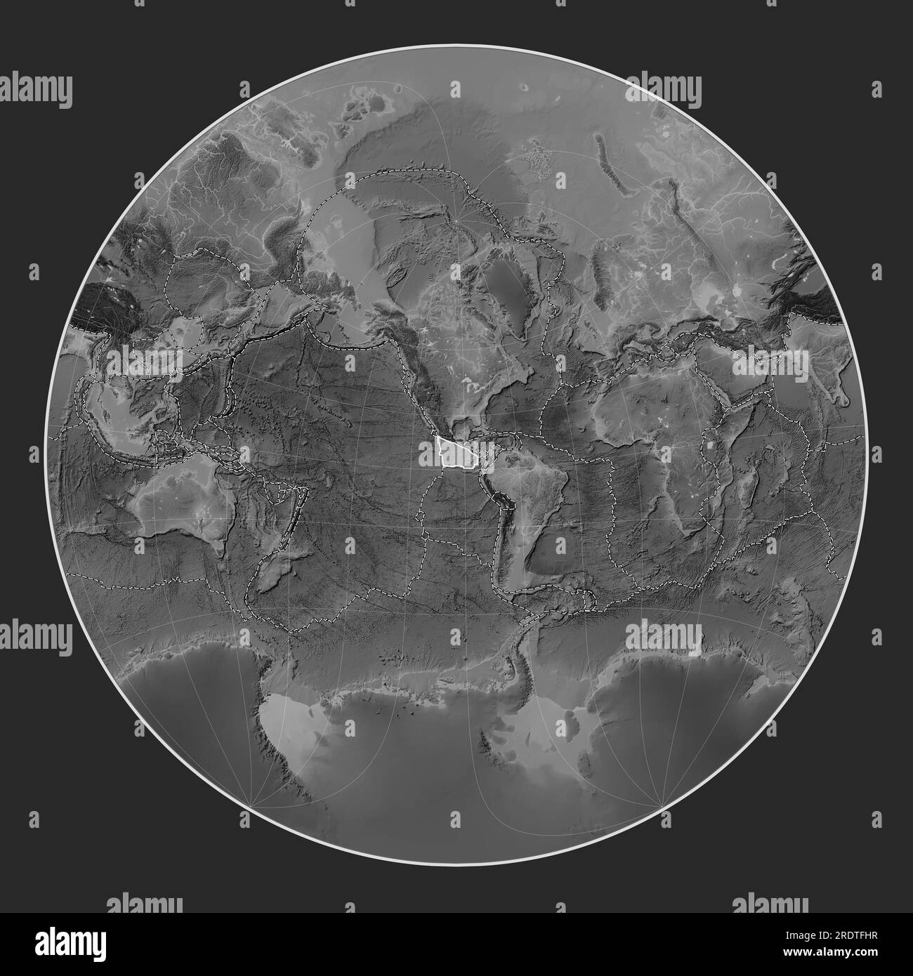 Placca tettonica Cocos sulla mappa di elevazione in scala di grigi nella proiezione Lagrange Oblique centrata a sud e latitudinalmente. Confini di altre PL Foto Stock