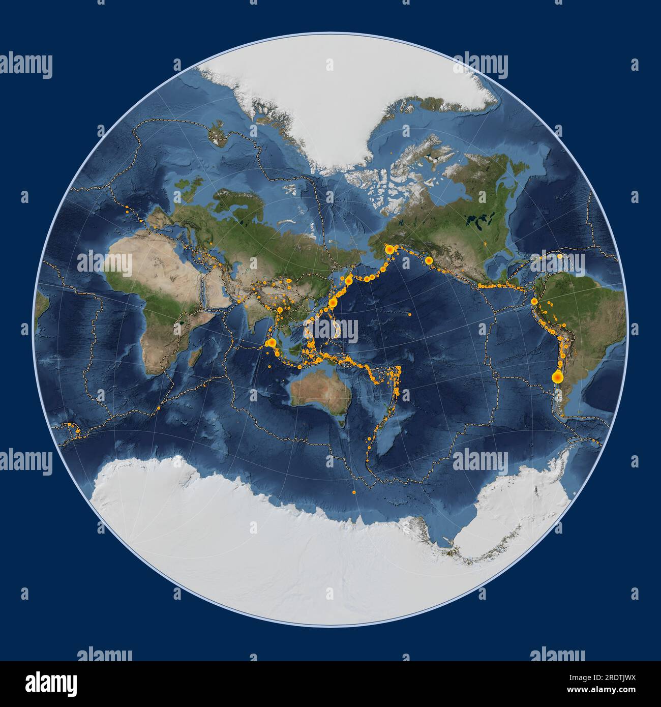 Placca tettonica Mariana sulla mappa satellitare Blue Marble nella proiezione Lagrange Oblique centrata meridionalmente e latitudinalmente. Posizioni della terra Foto Stock