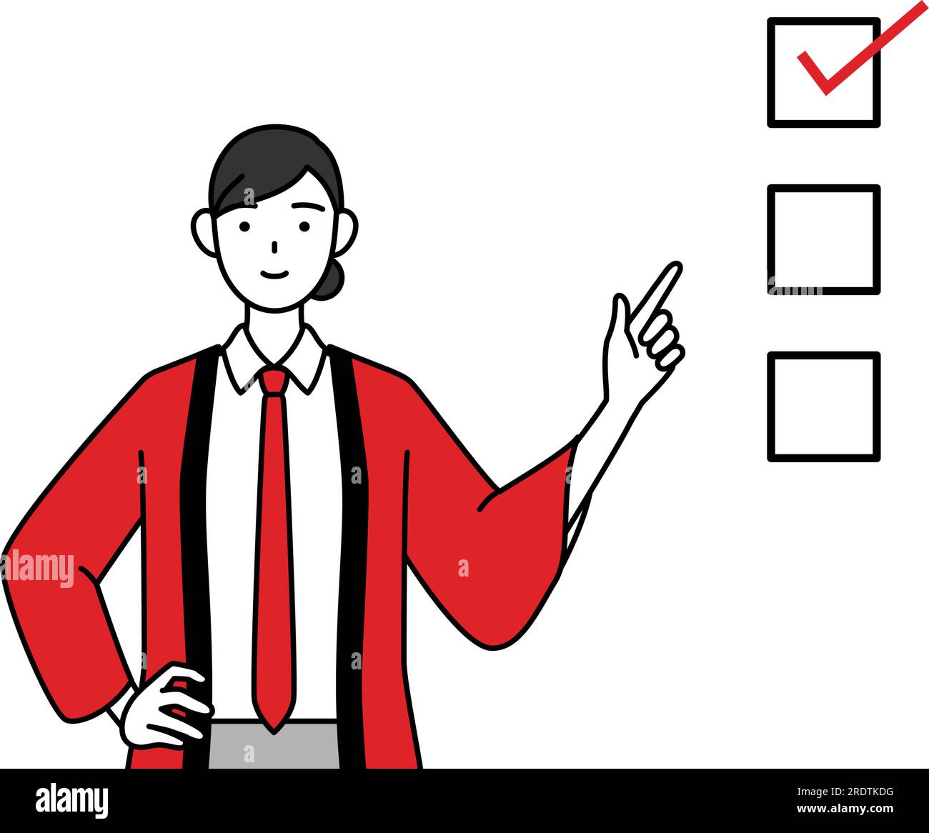 Donna che indossa un cappotto happi rosso che indica una lista di controllo, Vector Illustration Illustrazione Vettoriale