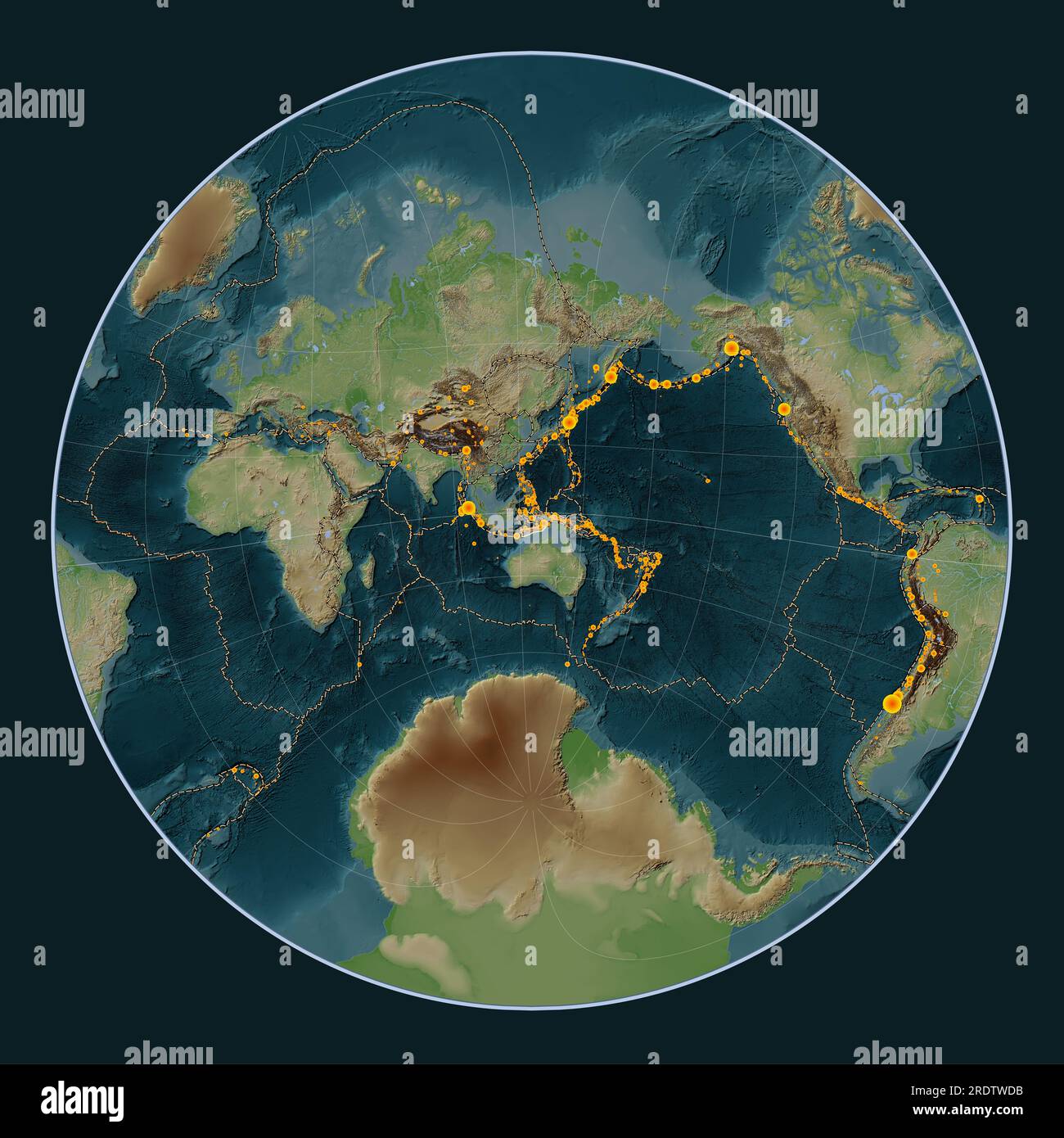 Placca tettonica Timor sulla mappa di elevazione in stile Wiki nella proiezione Lagrange Oblique centrata meridionalmente e latitudinalmente. Posizioni di Earthqua Foto Stock