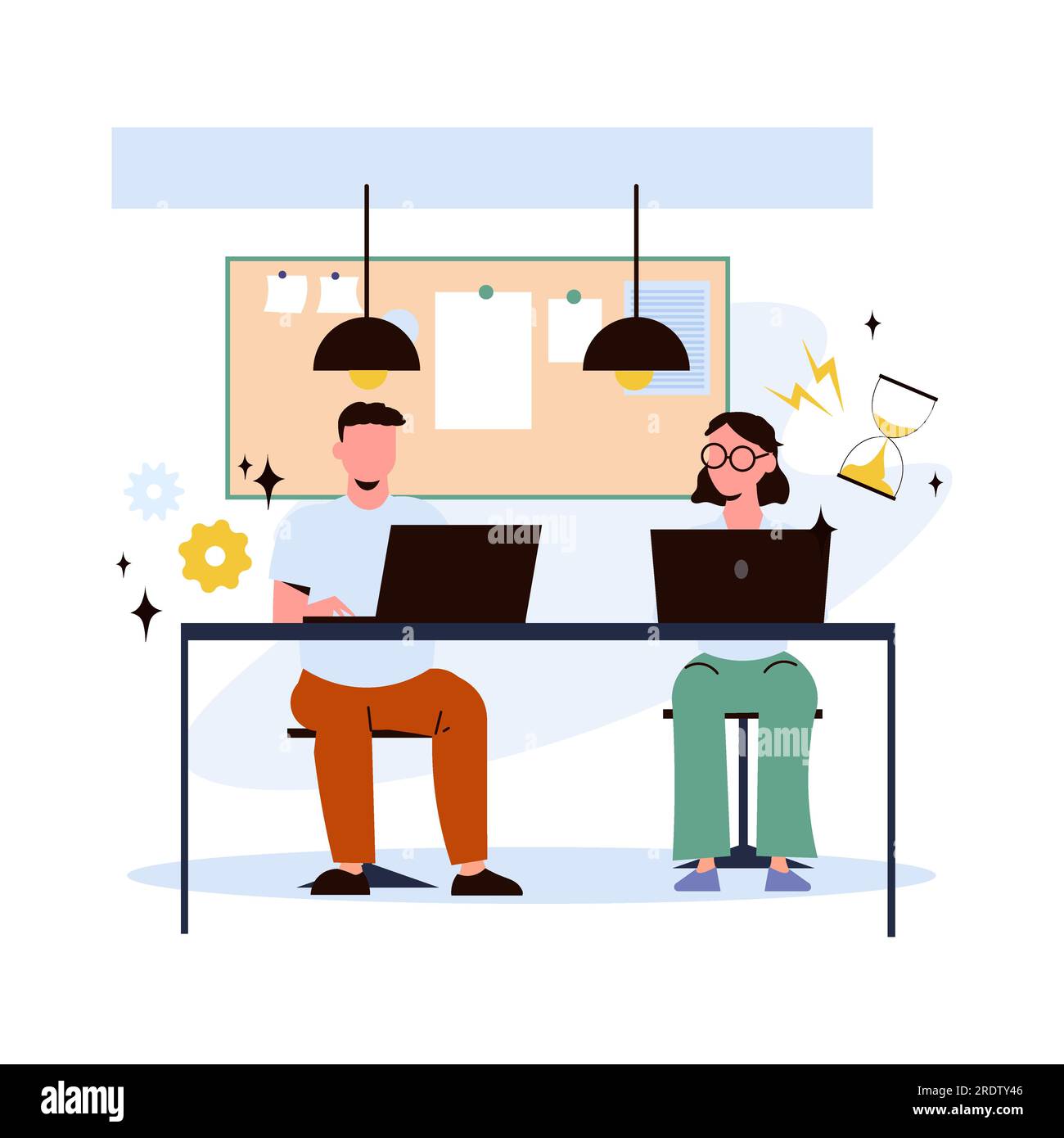 Uomo e donna che lavorano al computer. Illustrazione vettoriale in stile piatto Illustrazione Vettoriale