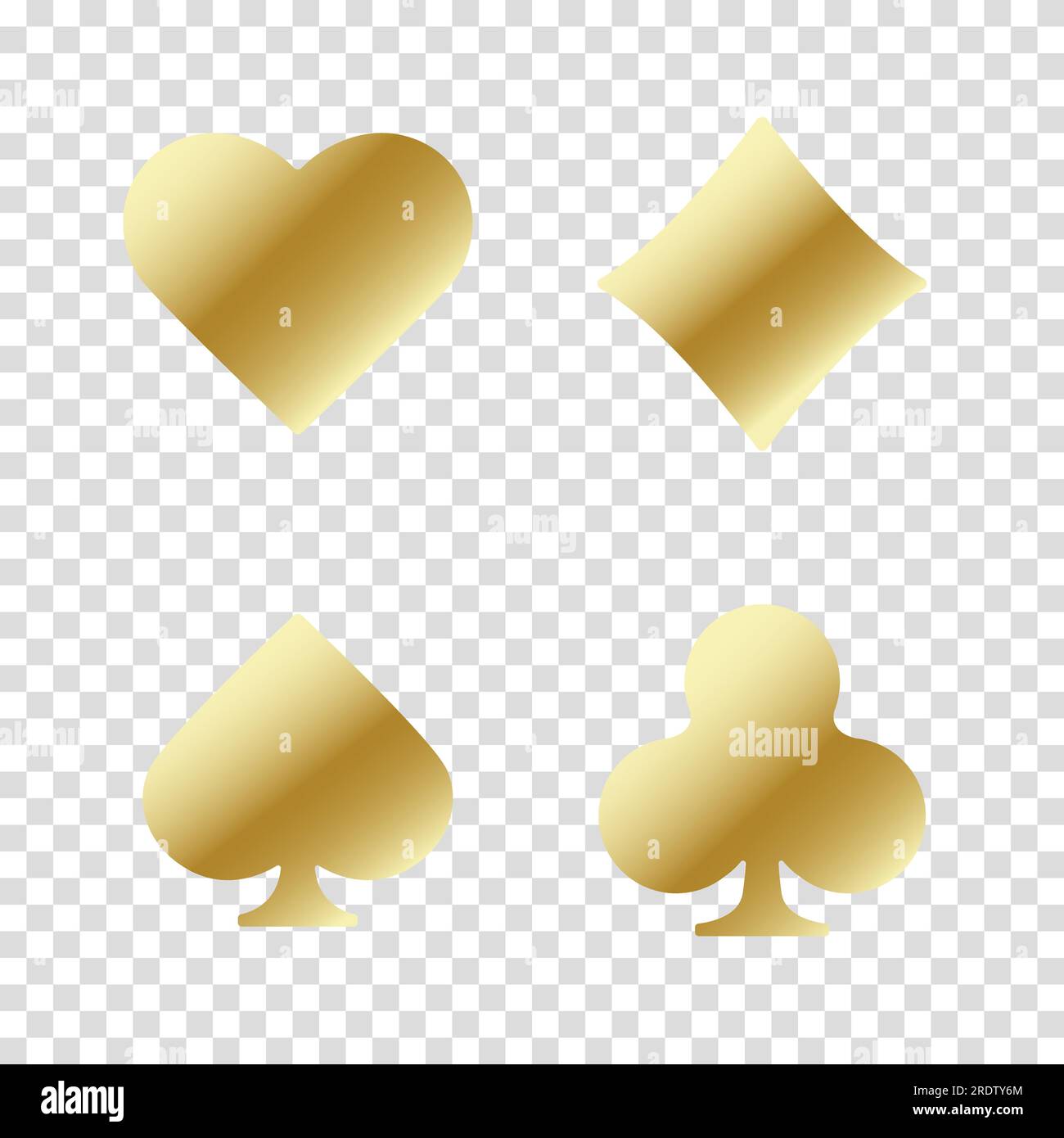 Set di simboli d'oro da gioco, simbolo di tute da gioco e chip o token per siti Web o app mobili su poker e casinò. Cuori, club, Illustrazione Vettoriale