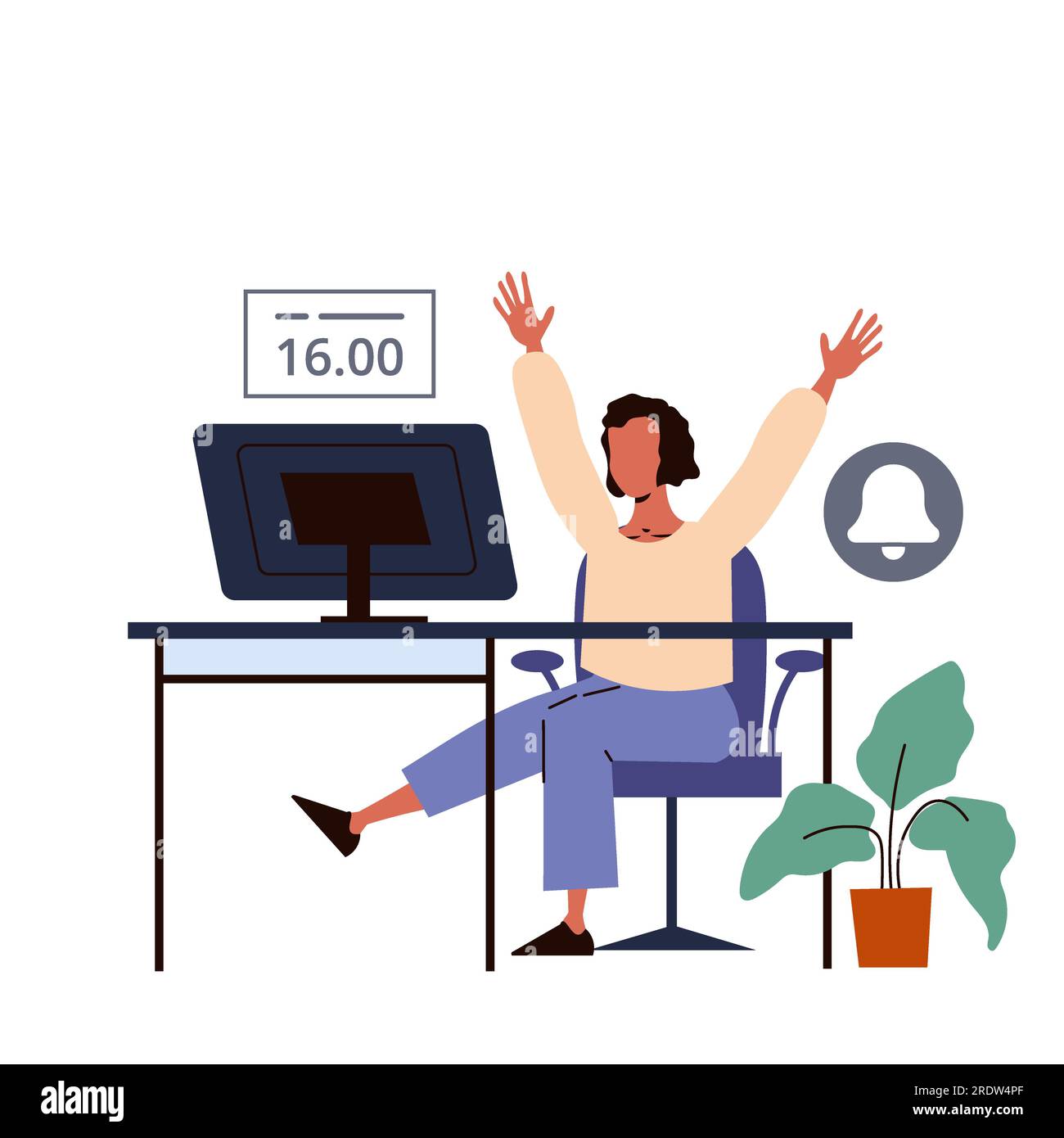 Donna d'affari che lavora alla scrivania dell'ufficio con cartoni animati computerizzati disegno grafico di illustrazione vettoriale Illustrazione Vettoriale