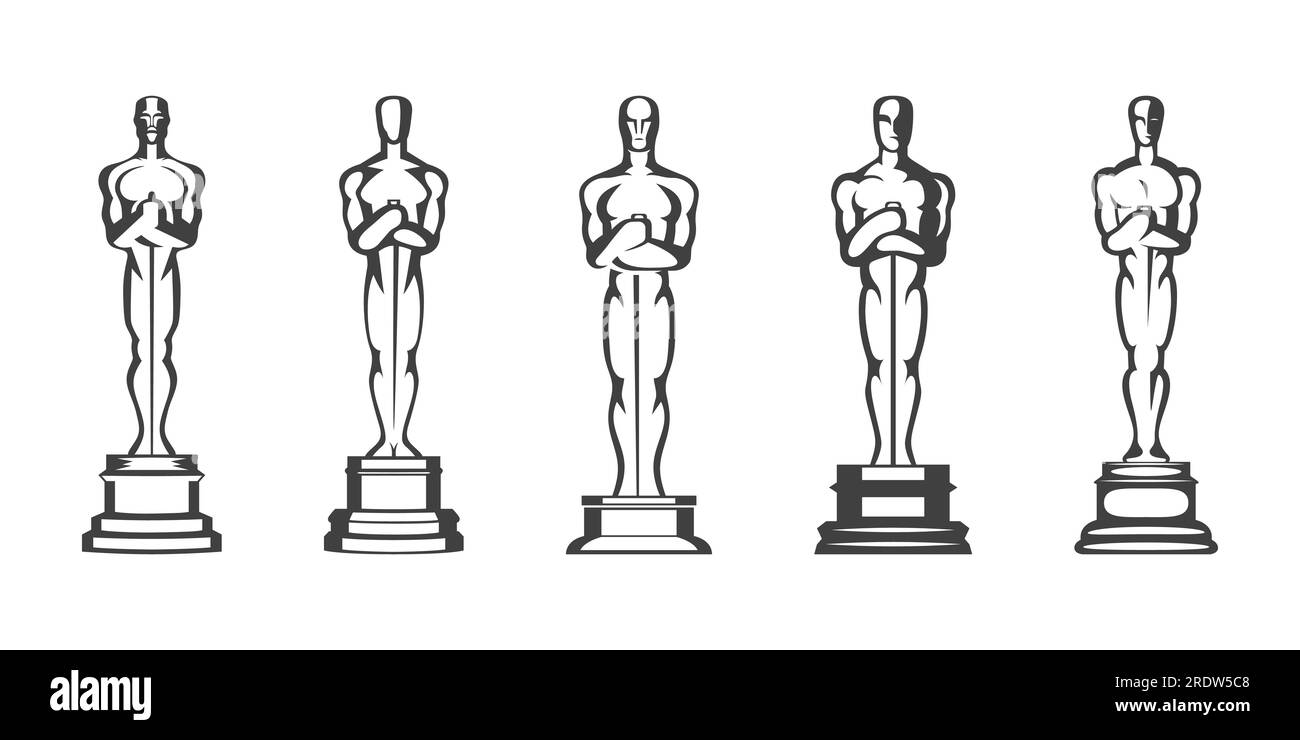 Forma della statua del Vector Hollywood Golden Oscar Academy Award - illustrazione in bianco e nero con contorno. Success and Victory Concept. Modello di progetto per Illustrazione Vettoriale
