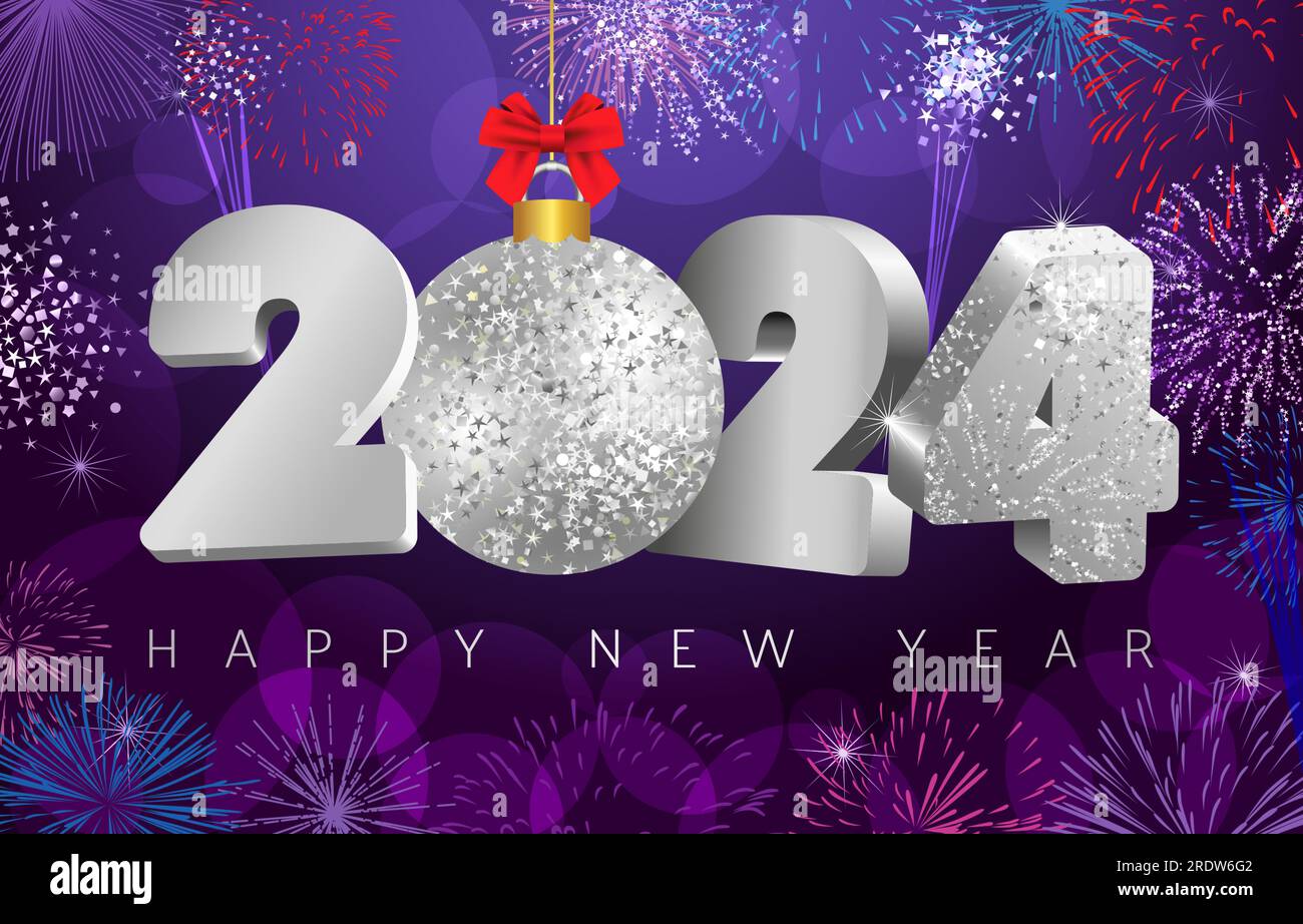 2024 Un poster delle festività di felice anno nuovo. Sfondo brillante, numero creativo 20 24 con pallone di Natale. Fuochi d'artificio e scintille con maschera vettoriale Illustrazione Vettoriale