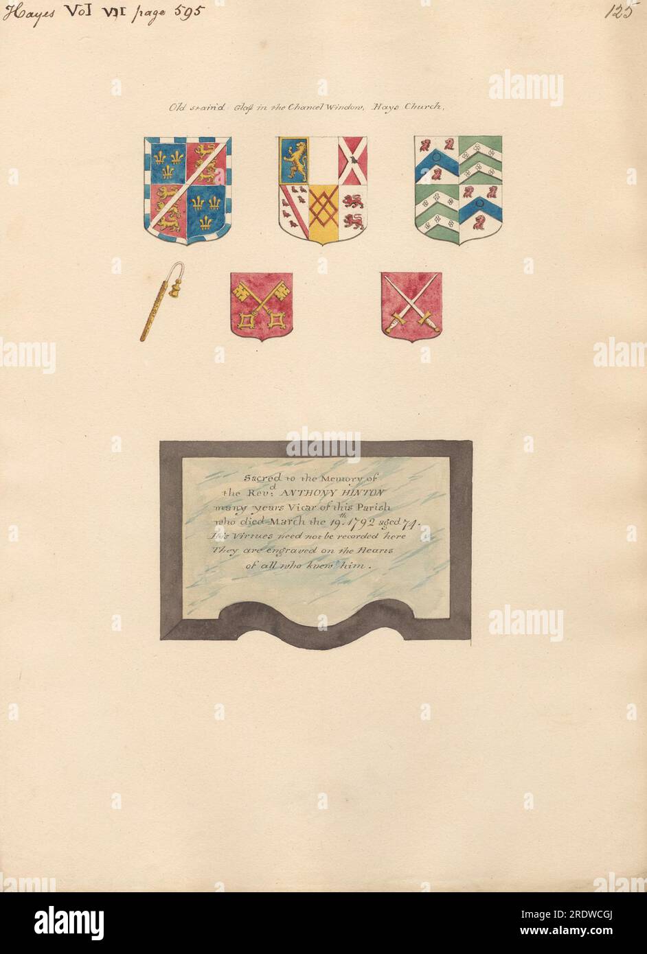Vetrate colorate nel Chanel Window aslo Memorial al reverendo Anthony Hilton da Hayes tra il 1796 e il 1811 di Daniel Lysons Foto Stock