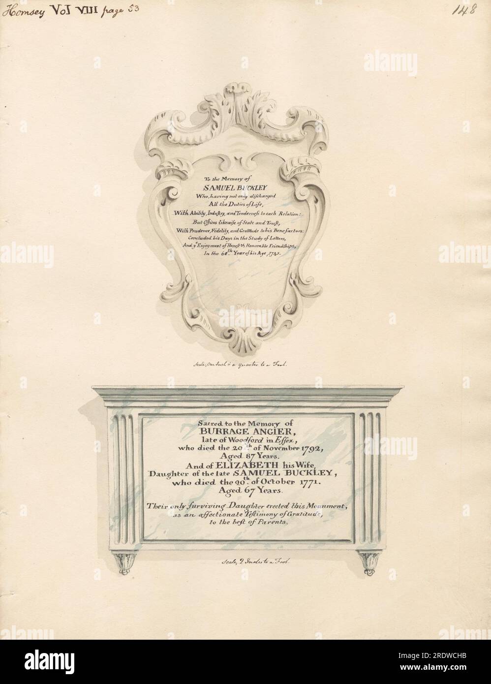 Memoriale a Samuel Buckley, anche a Burrage ed Elizabeth Angler tra il 1796 e il 1811 di Daniel Lysons Foto Stock Memoriale a Samuel Buckley, anche a Burrage ed Elizabeth Angler tra il 1796 e il 1811 di Daniel Lysons Foto Stock