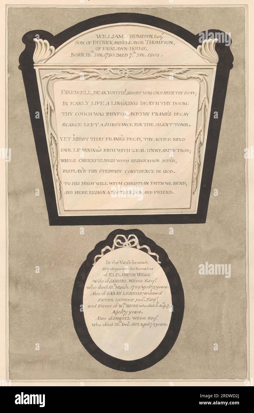 Memoriale a William Thompson, e a Elizabeth e Samuel Wegg, e Sarah Leheup, dalla chiesa di Acton tra il 1796 e il 1811 di Daniel Lysons Foto Stock Memoriale a William Thompson, e a Elizabeth e Samuel Wegg, e Sarah Leheup, dalla chiesa di Acton tra il 1796 e il 1811 di Daniel Lysons Foto Stock