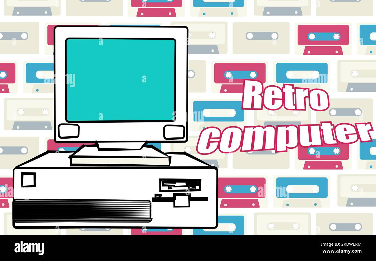 Vecchio retro hipster vecchio computer da tavolo da gioco d'epoca e un'iscrizione retrò computer degli anni '70, '80, '90 su uno sfondo di audiocassetta Illustrazione Vettoriale