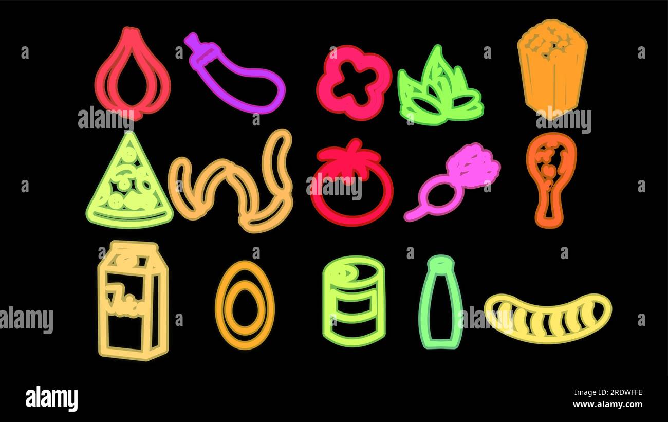 Set al neon luminoso e multicolore di 15 icone di piatti deliziosi e spuntini per il bar del ristorante: Verdure, aglio, popcorn, noci, pizza, Illustrazione Vettoriale