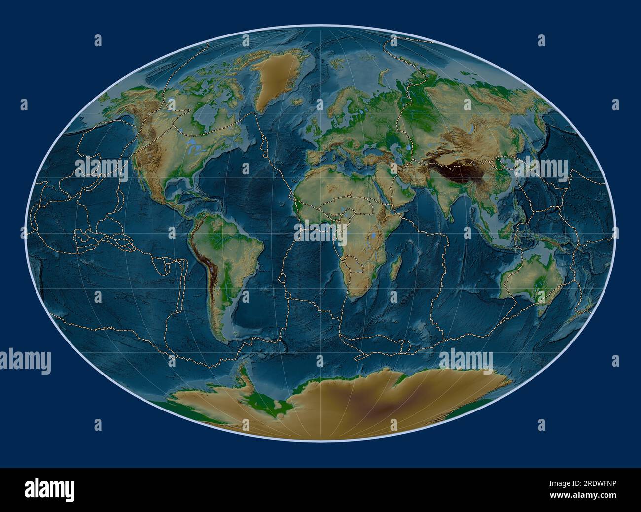 I confini della placca tettonica sulla mappa di elevazione fisica del mondo nella proiezione di Fahey centrata sul meridiano primario Foto Stock