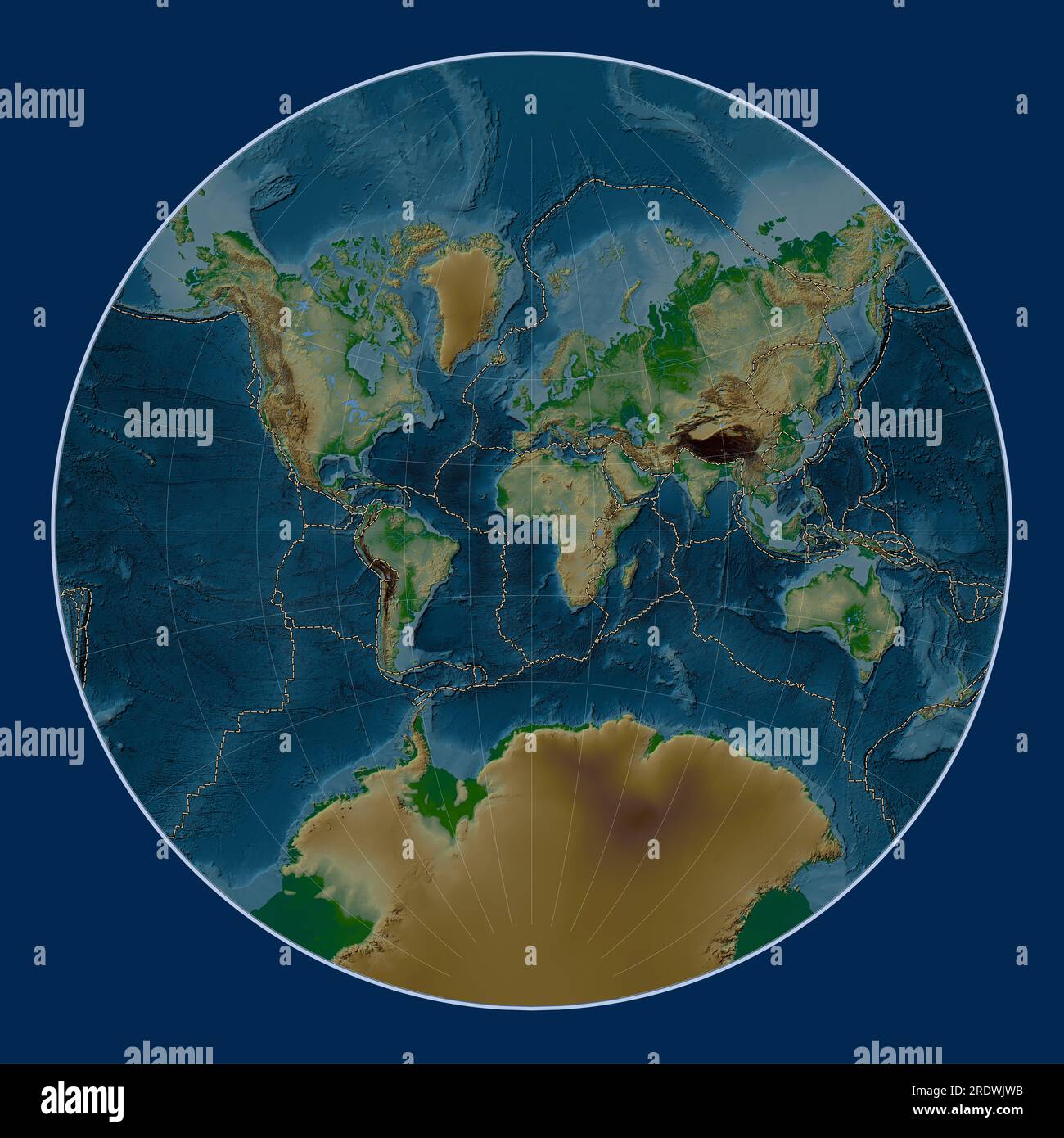 I confini della placca tettonica sulla mappa mondiale di elevazione fisica nella proiezione di Lagrange centrata sul meridiano primario Foto Stock