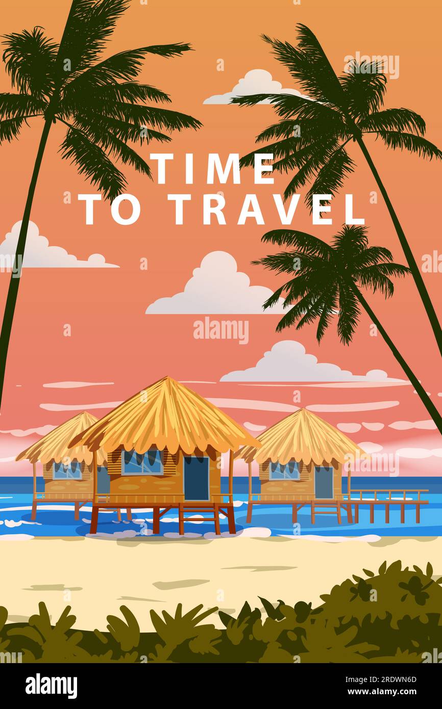 E' ora di viaggiare in estate. Poster d'epoca del resort tropicale. Capanne, palme e oceano tradizionali sulla costa della spiaggia. Vettore di illustrazione in stile retrò Illustrazione Vettoriale