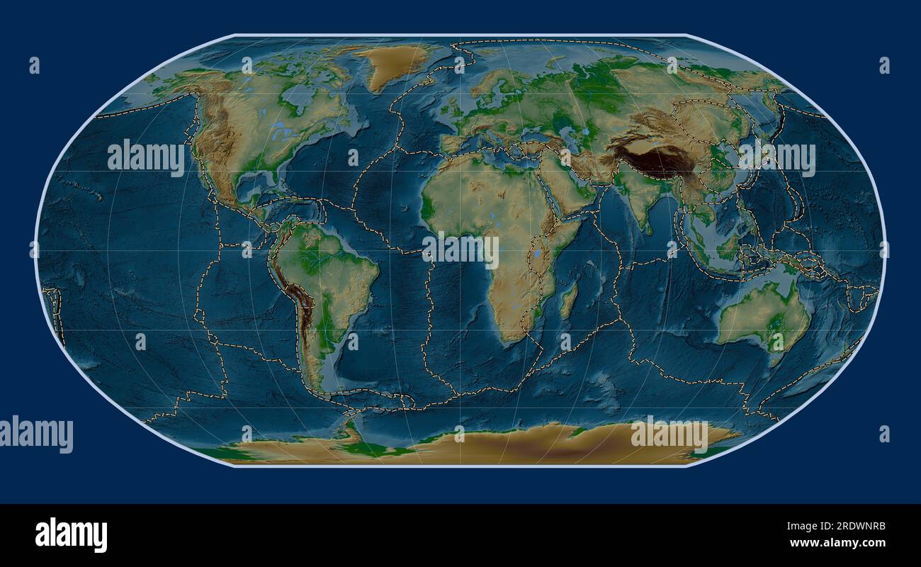 I confini della placca tettonica sulla mappa di elevazione fisica del mondo nella proiezione di Robinson centrata sul meridiano primario Foto Stock