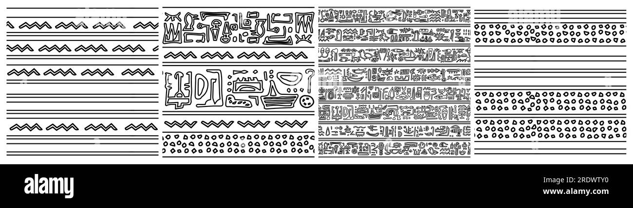 Set di motivi senza cuciture a tema Egitto. Gruppo di stampe vettoriali disegnate a mano in bianco e nero con simboli come i geroglifici Illustrazione Vettoriale