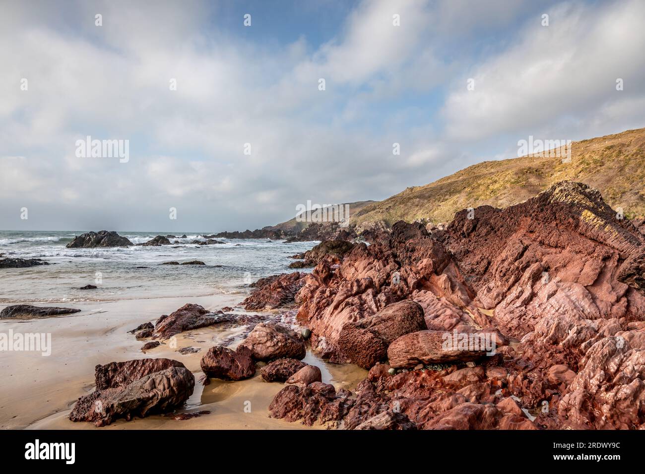 Red Sandstone Rocks al confine con Freshwater West Beach, Pembrokeshire, Galles, Regno Unito Foto Stock