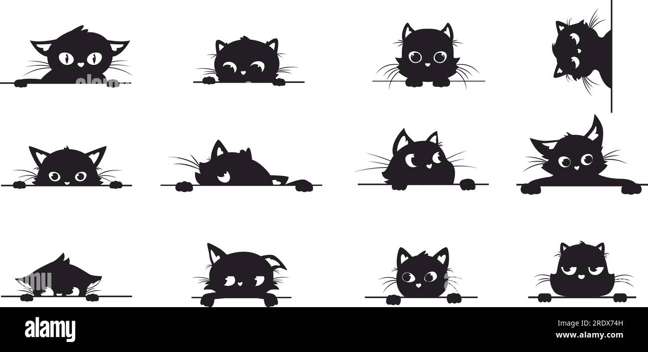 Gatto nero che sbircia, gatti spia animali domestici dall'angolo. Silhouette grafiche creative con grandi occhi. Cuccioli, vettoriale elegante e giocoso Illustrazione Vettoriale