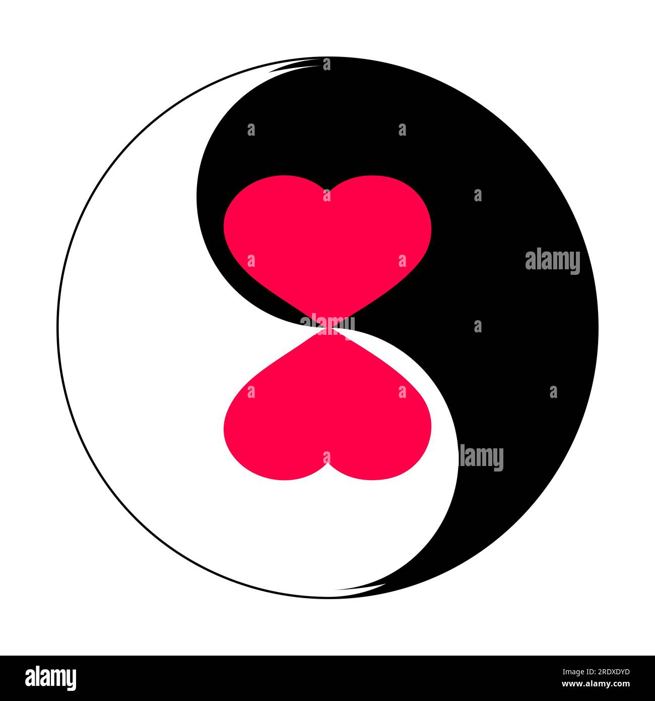 Due cuori rossi nel simbolo yin yang. Illustrazione vettoriale. Per le congratulazioni per San Valentino. E anche per la stampa su cartoline, tessuti, asciugamani, p Illustrazione Vettoriale