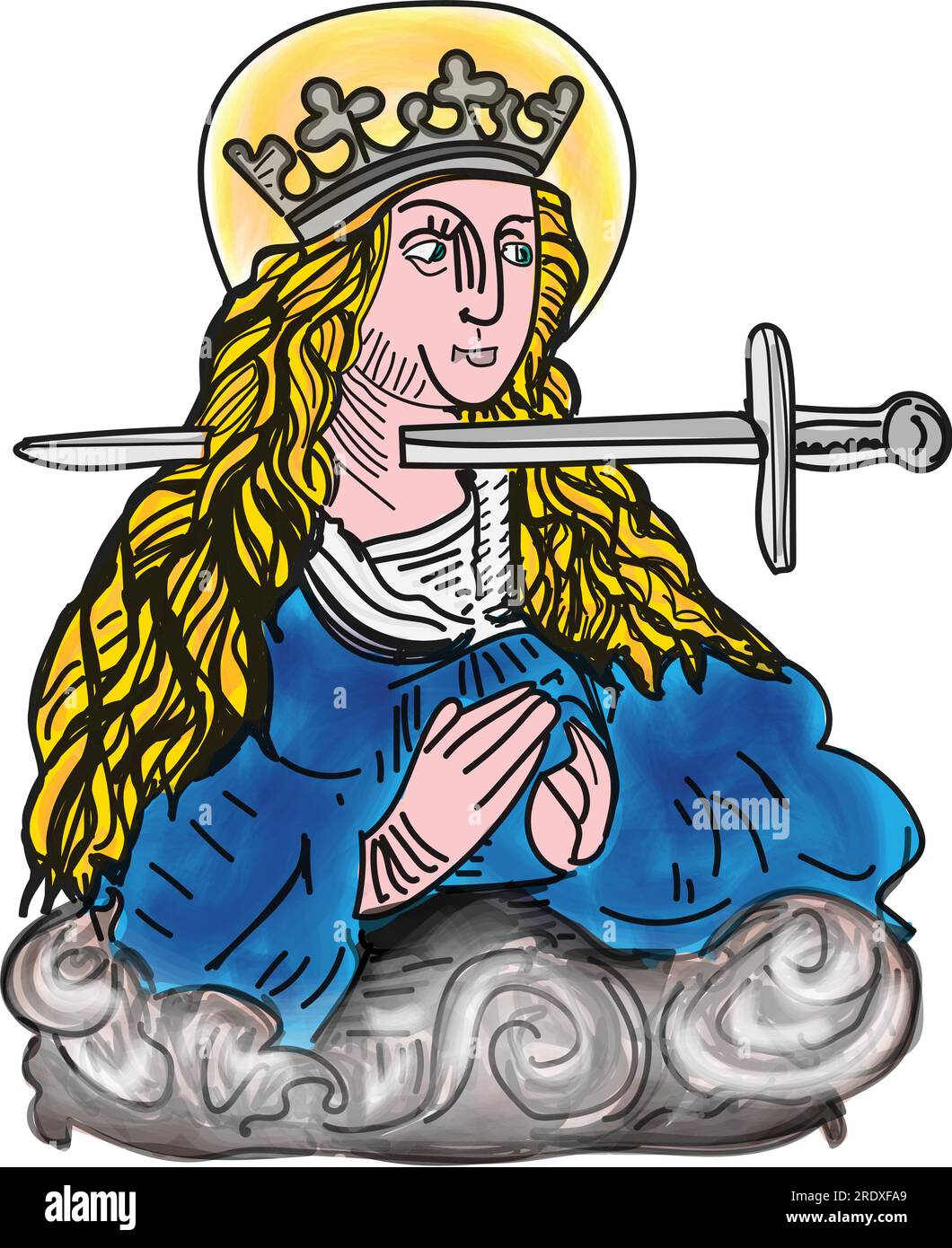 Illustrazione religiosa vettoriale illuminata in stile medievale di Santa Lucia con la spada attraverso il collo Illustrazione Vettoriale