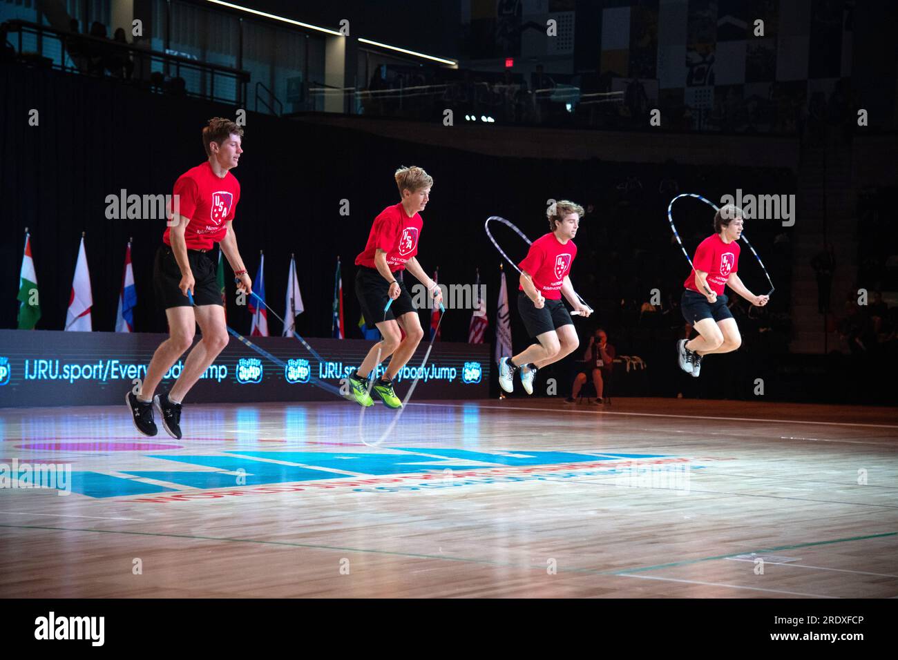 World Jump Rope Championship Finals, Colorado Springs, Colorado, USA. 23 luglio 2023. Single Rope Team Freestyle - uomo, Team USA. Medaglia di bronzo credito: Casey B. Gibson/Alamy Live News Foto Stock