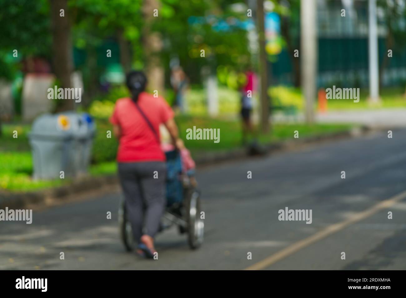 Immagine sfocata lato posteriore di una persona anziana su una sedia a rotelle con una giovane donna al parco, spazio per il testo. Foto Stock