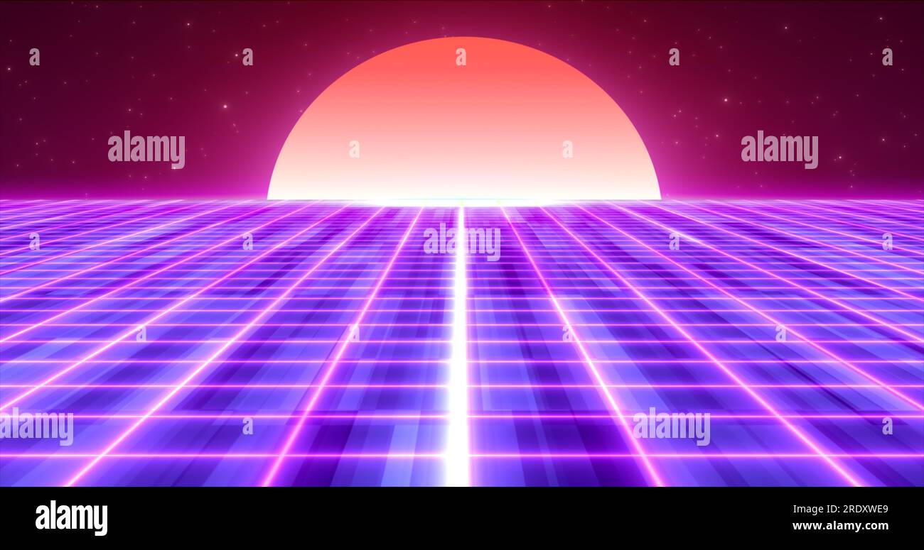 Astratto porpora incandescente neon laser griglia retrò futuristico high tech da 80s, 90s con linee di energia in superficie e orizzonte con sole, astratto backgroun Foto Stock