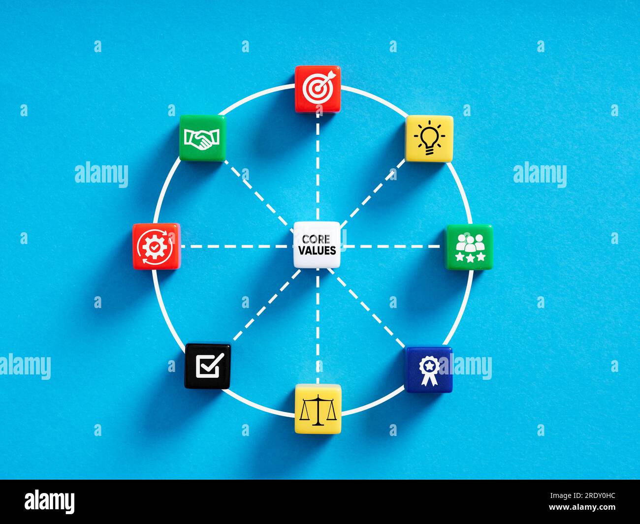 Concetto di Core Business Values. Cubi colorati con aspetti aziendali e simboli di valori. Foto Stock