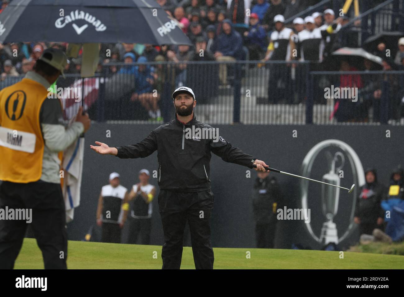 Lo spagnolo Jon Rahm reagisce durante il giorno 4 del British Open Golf Championship 2023 al Royal Liverpool Golf Club di Wirral, in Inghilterra, il 23 luglio 2023. Crediti: Koji Aoki/AFLO SPORT/Alamy Live News Foto Stock