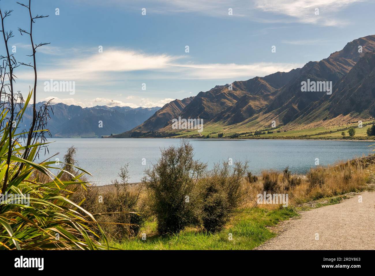 Panorama sul lago di montagna sul lago di Hawea Foto Stock
