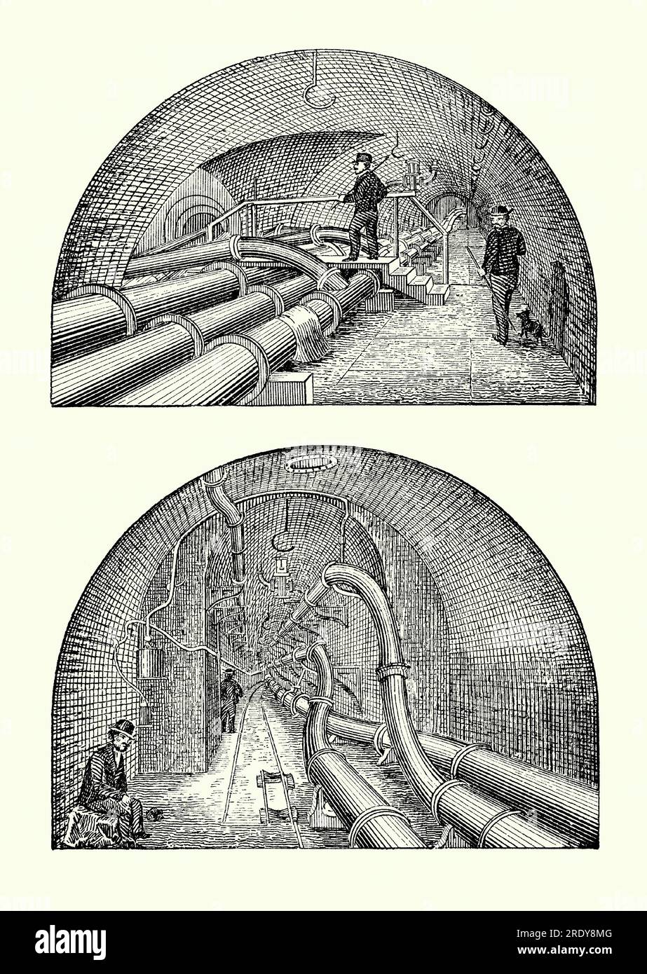 Una vecchia incisione delle grandi tubature nei tunnel di servizio sotterranei, fognature o metropolitane sotto Londra, Inghilterra, Regno Unito alla fine degli anni '1800 È tratto da un libro di ingegneria meccanica vittoriana degli anni '1880 Grandi tunnel come questo includerebbero tubi per il gas, l'approvvigionamento idrico e le reti fognarie, e in seguito talvolta anche l'alimentazione elettrica. Qui grandi tubi di ferro sono utilizzati per trasportare l’acqua e gli effluenti nelle «strade» semitrasparenti, pavimentate e in mattoni. Le ispezioni sono state effettuate in quanto le perdite erano comuni. Notare le rotaie nell'immagine in basso: I materiali e gli attrezzi per le riparazioni potrebbero essere trasportati in piccoli camion "ferroviari". Foto Stock