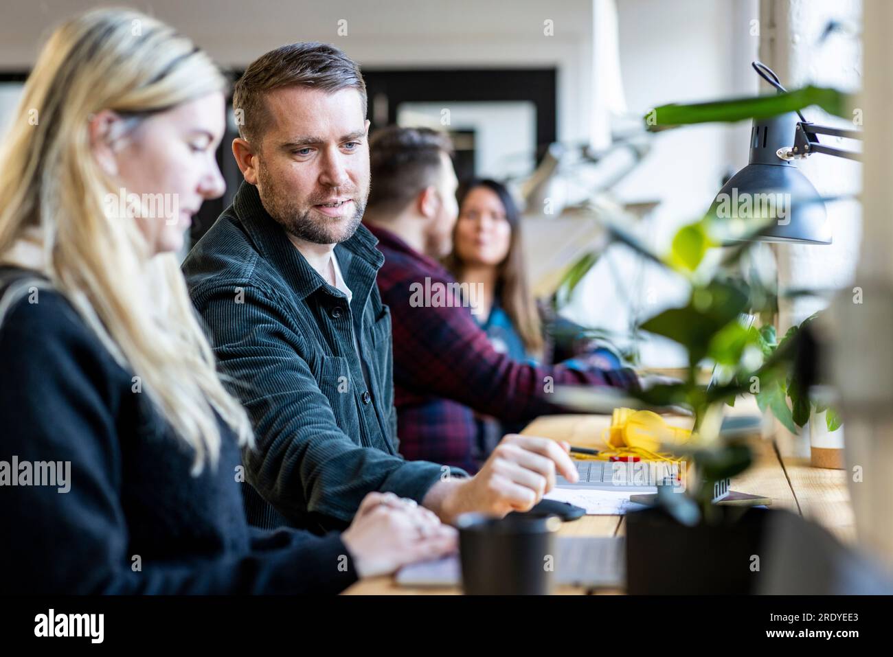 Uomo d'affari che discute con un collega sul notebook in ufficio Foto Stock