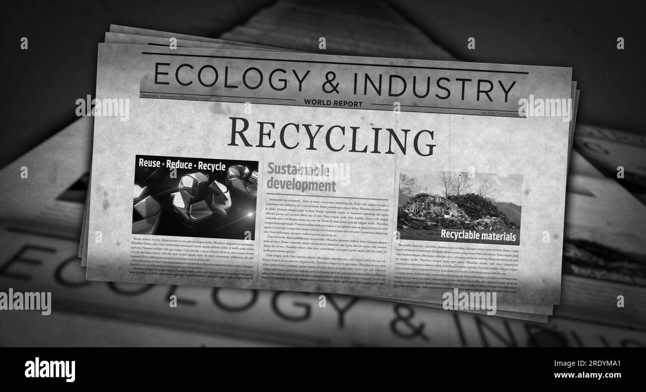 Riciclaggio ecologia ambiente ed economia sostenibile notizie vintage e stampa di giornali. Titolo retro concept astratto illustrazione 3D. Foto Stock