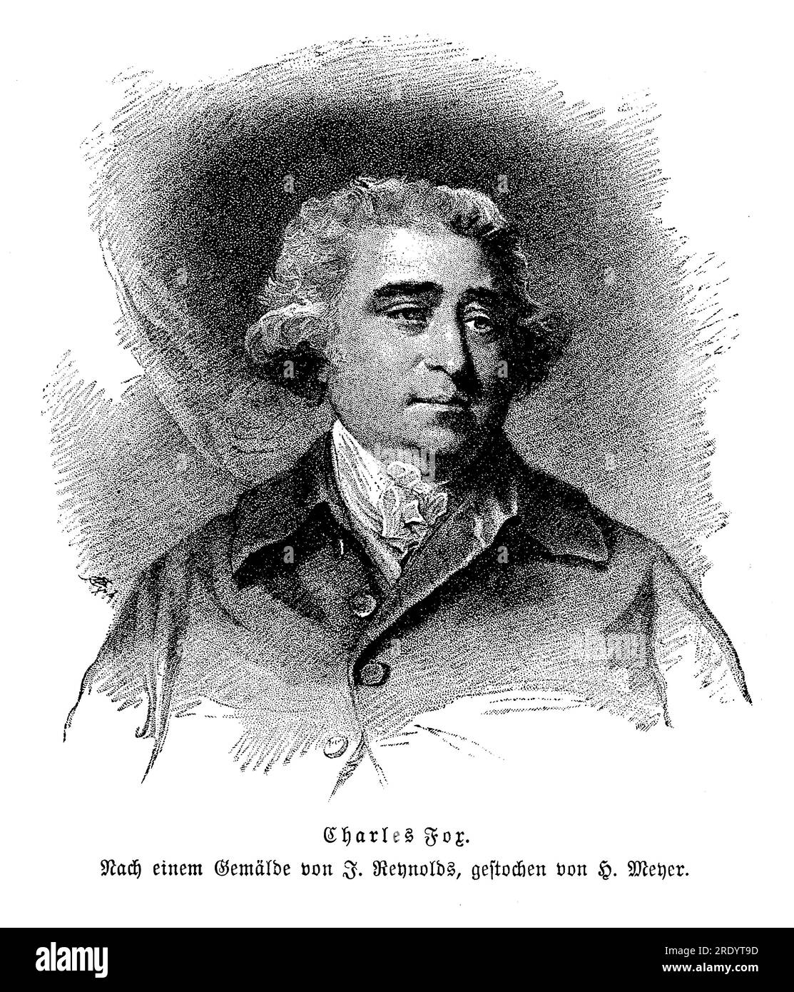 Ritratto di Charles Fox (1749-1806) importante statista e politico britannico durante la fine del XVIII secolo e l'inizio del XIX secolo. Era noto per la sua eloquenza, arguzia e opinioni politiche radicali. Fox era un membro del Partito Whig e prestò servizio in varie posizioni governative Foto Stock