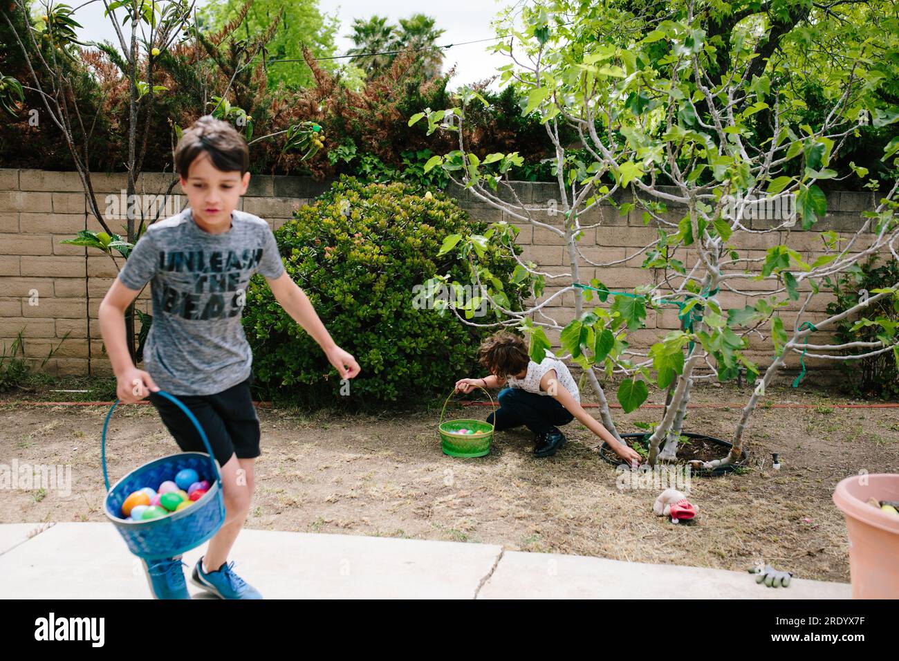 La ragazza raggiunge l'uovo di pasqua da sotto un albero mentre il ragazzo corre accanto Foto Stock