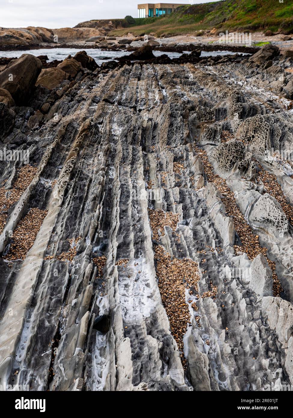 Strati di pietra intemprata sulla spiaggia oceanica Foto Stock