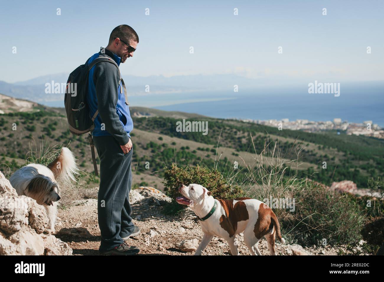 Uomo che sorride al cane in montagna a Malaga contro il cielo blu e l'oceano Foto Stock