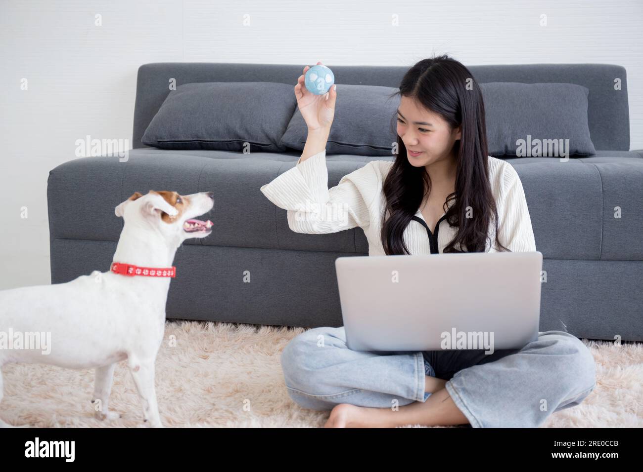 Giovane donna asiatica giocherellone con cane soffice per rilassarsi con amore nel soggiorno di casa, amici animali domestici con compagno, amicizia di donna e animale, Foto Stock