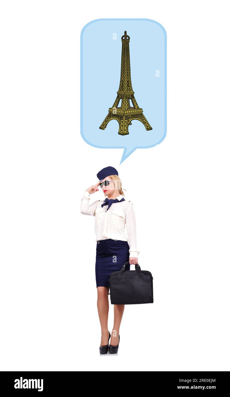 Assistente di volo che sogna la Torre eiffel, isolata su sfondo bianco Foto Stock