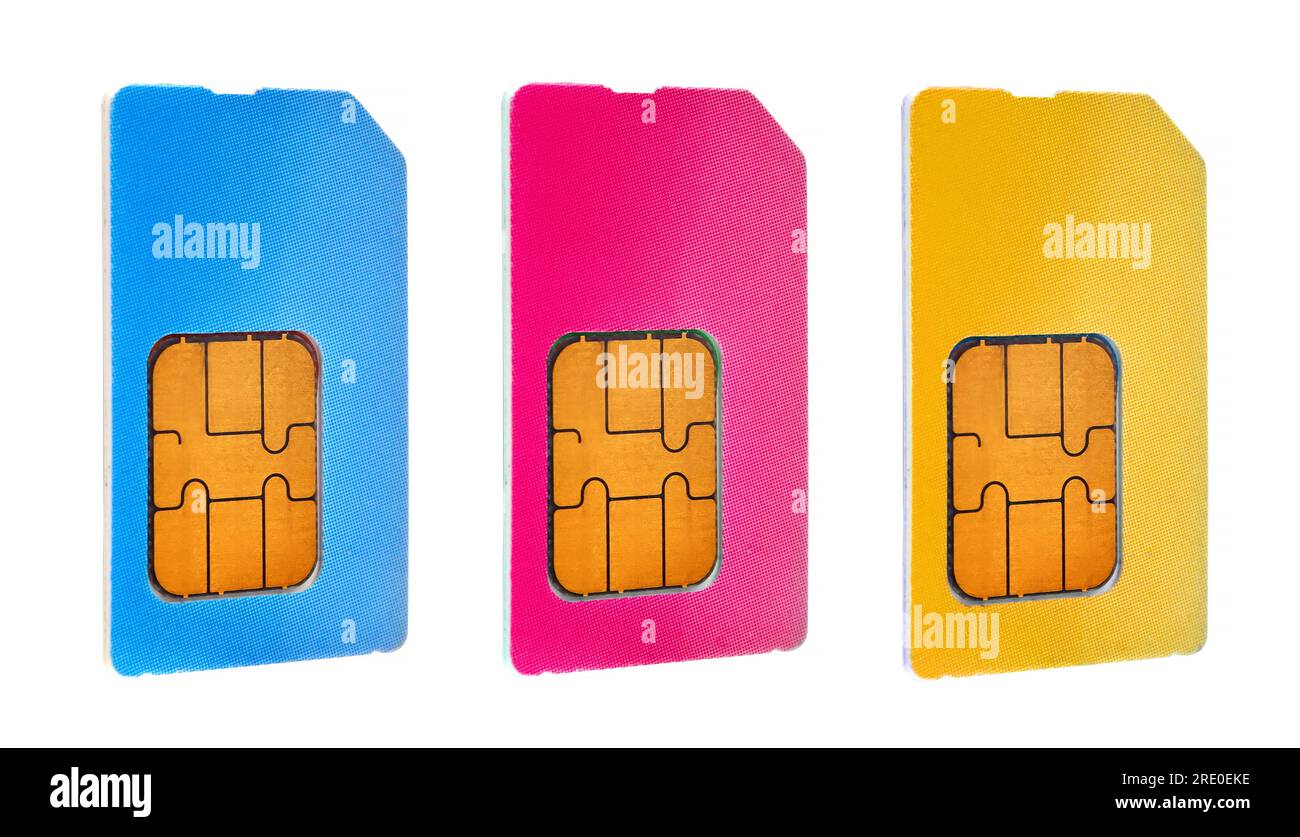 tre schede sim isolate su sfondo bianco Foto Stock